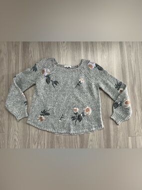 Woven Heart Gray Floral Embroidered Crewneck Sweater XS Cottagecore Soft Knit